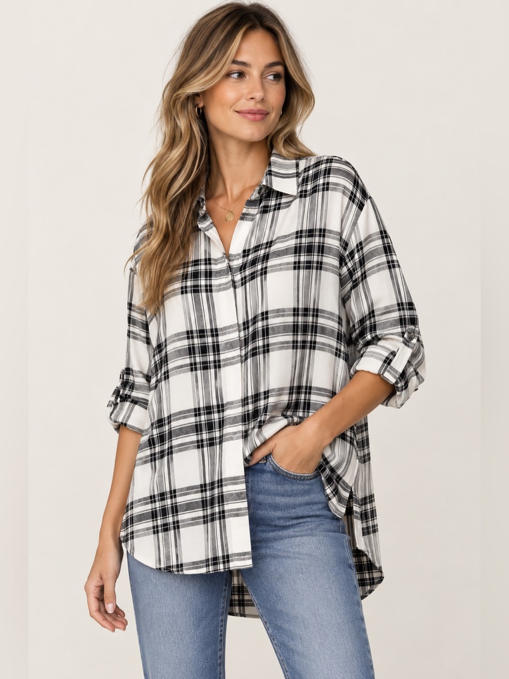 Alice + Olivia Black White Plaid Oversized Button Down Shirt Size S Viscose